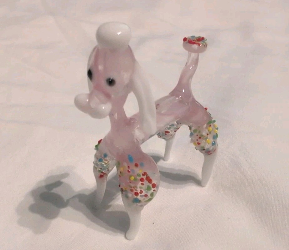Vintage Miniature Glass Dog Figurine Pink Poodle Confetti Pattern