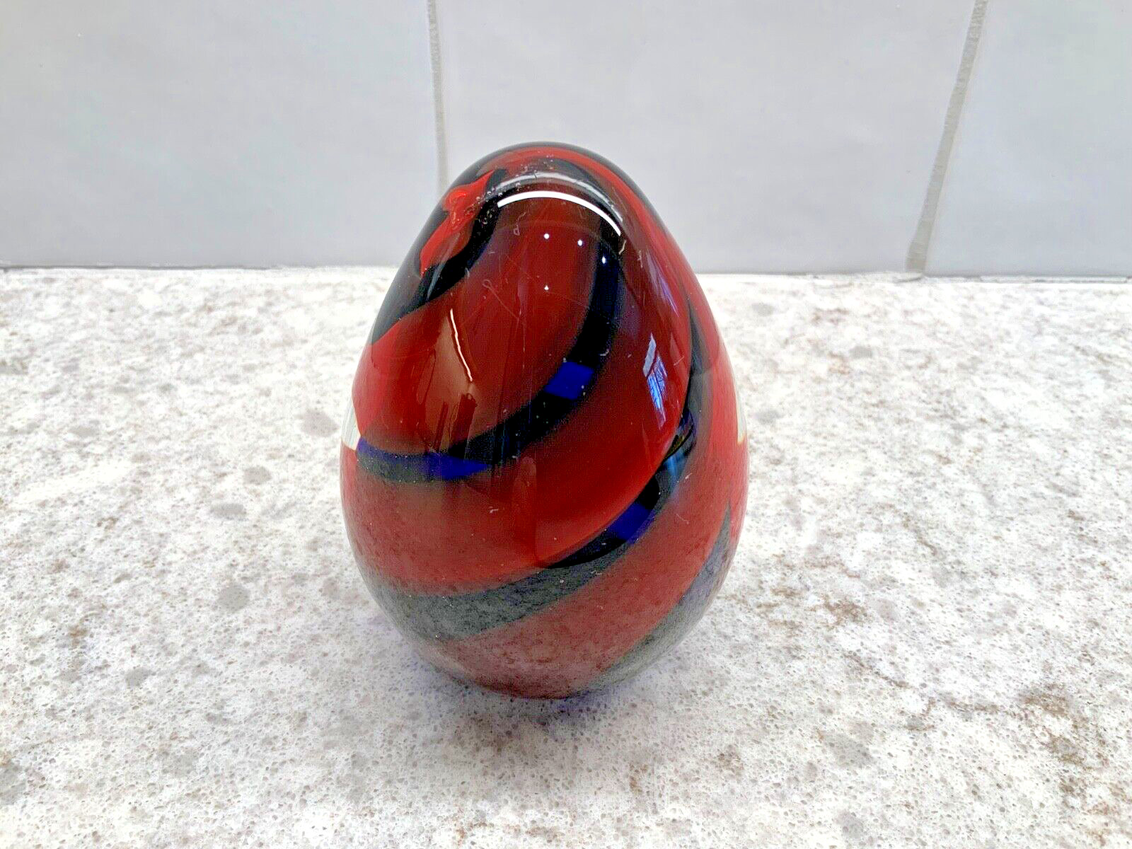Medina Egg Shaped Paperweight Red With Black And Blue Spirals