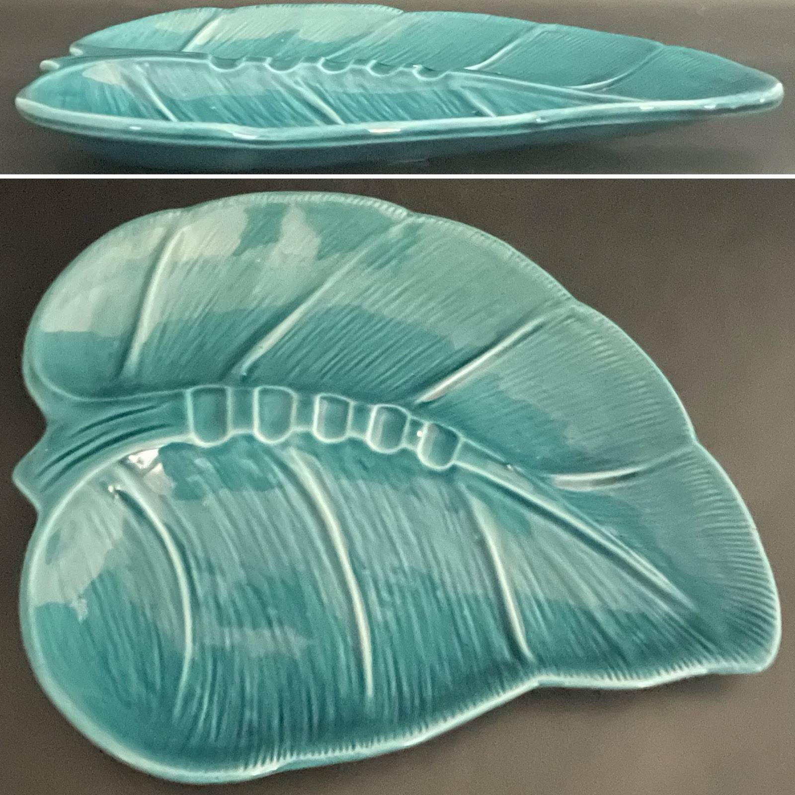 Ceramic Blue Leaf Glazed Cigar & Cigarette Ashtray c1960s Made in Japan 9.5″x12″