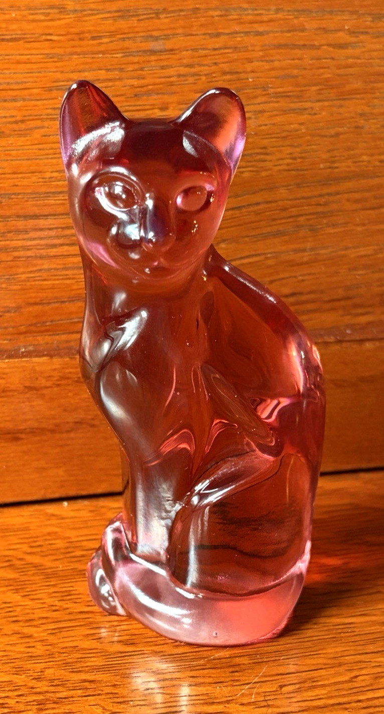 Fenton Pink Cranberry Art Glass Sitting Cat Kitten Figurine 5″