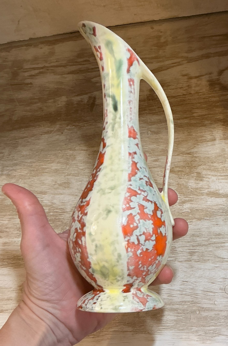 Vintage 1970s Holland Mold Pitcher Vase White Orange Green Boho MCM