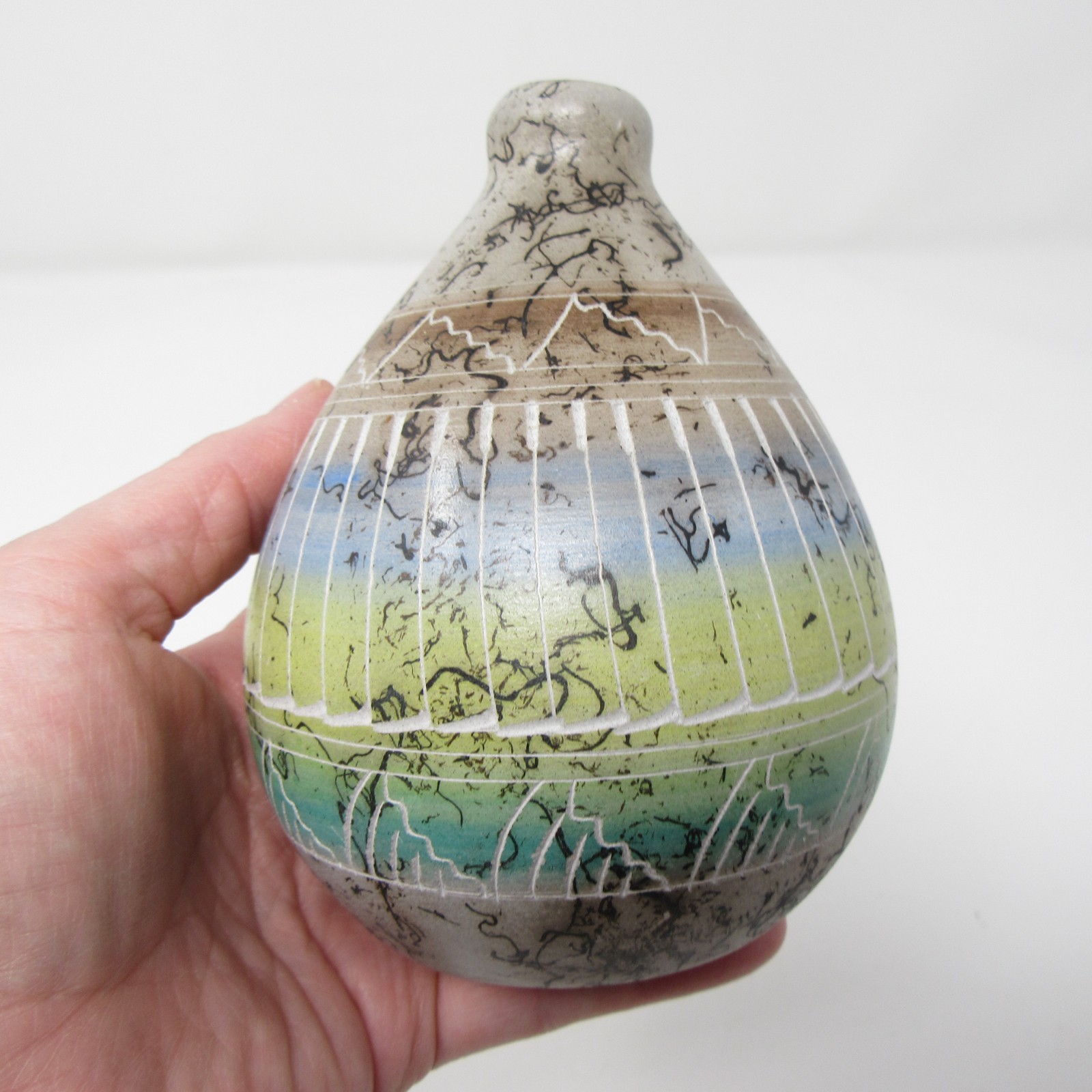 Horsehair Raku Studio Art Pottery Bud Vase 5” Southwest Style Incised Blue Green