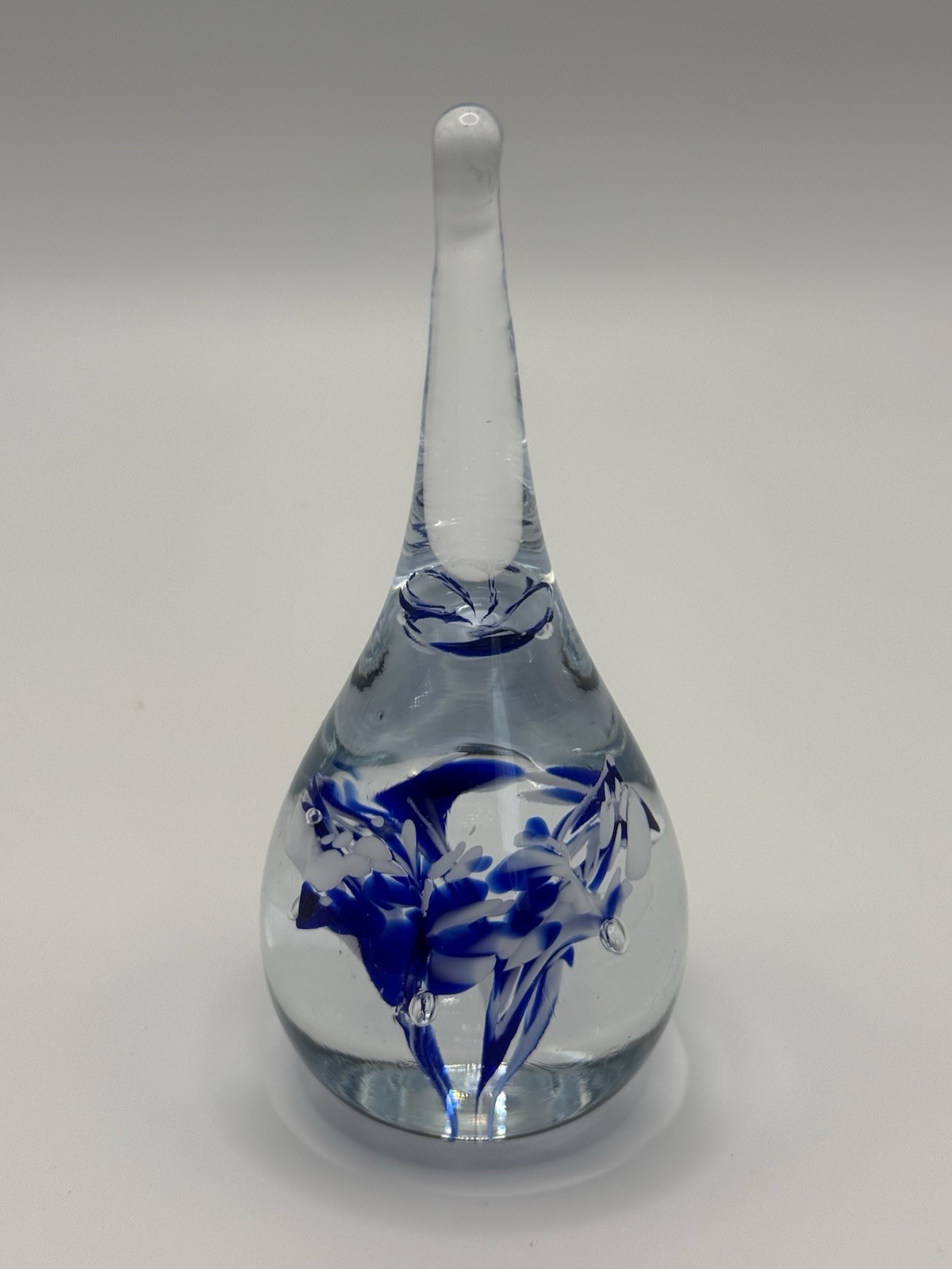 Hand Blown Tear Drop Paperweight Blue White Color