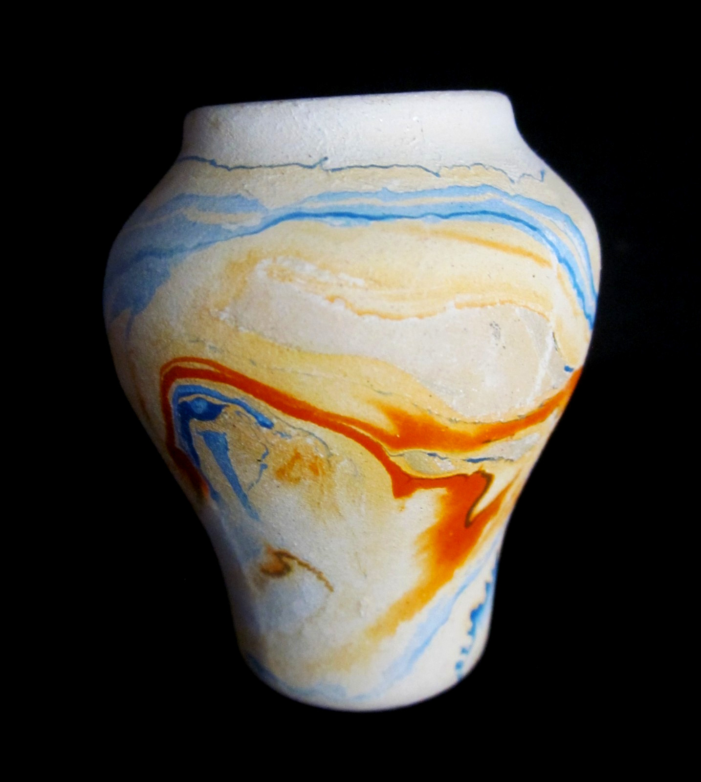 Miniature Nemadji Minnesota USA Pottery Swirl Print Vase Blue Orange 2″ x1 3/4