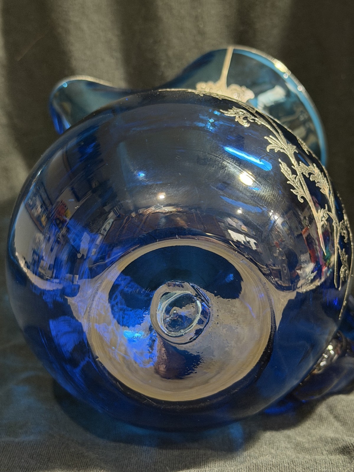 Antique Cobalt Blue Art Glass Pitcher Silver Overlay Floral Decoration Pontil