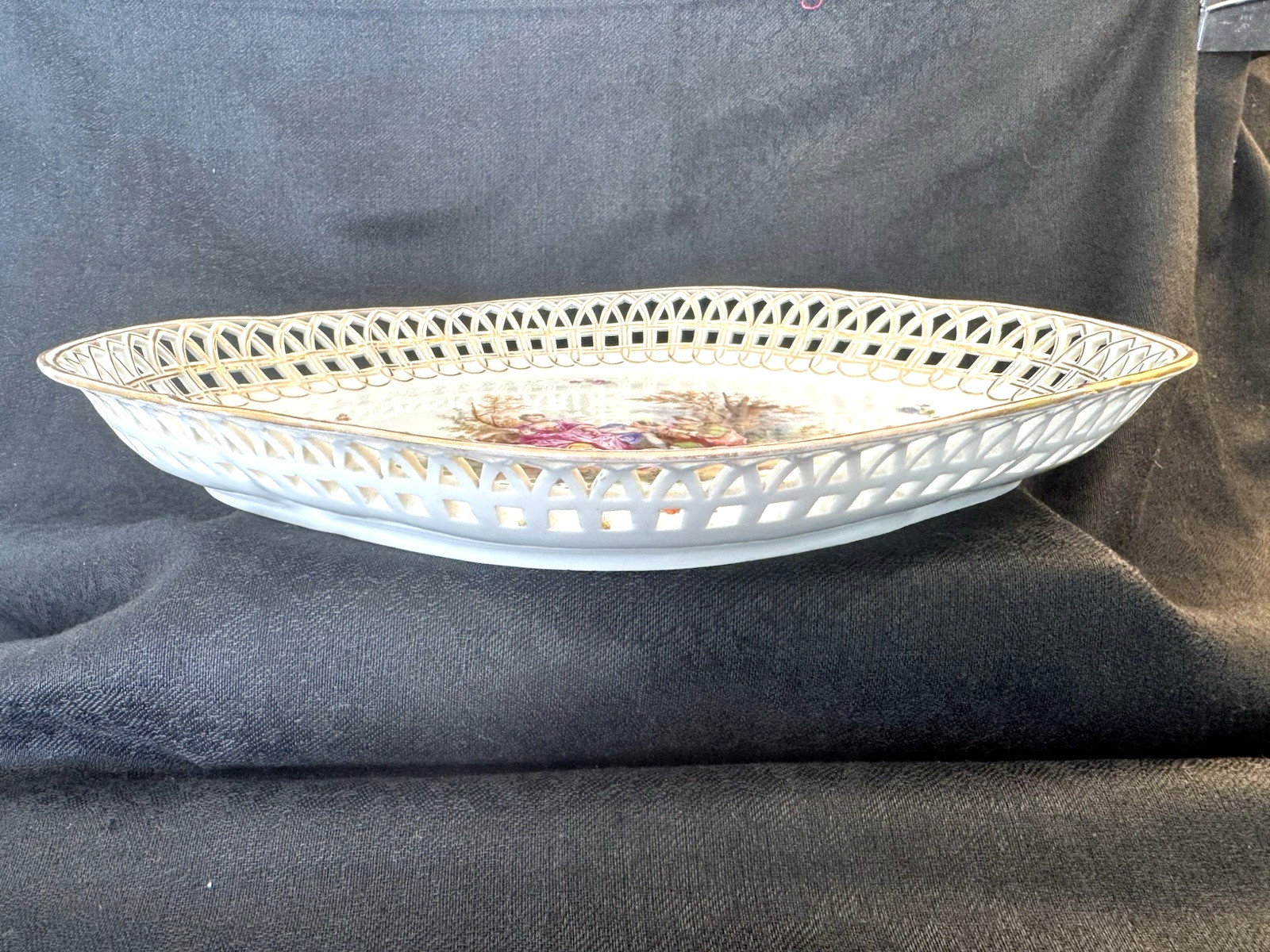 Antique KPM Berlin Porcelain Reticulated Platter Pater Bagpipe Player Scene 11″