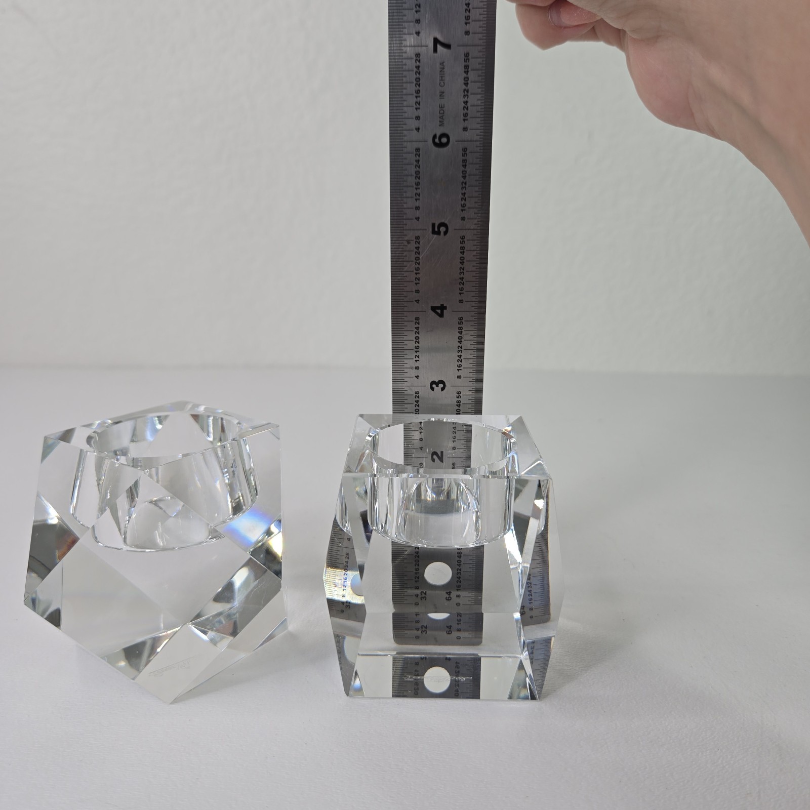 Rosenthal Crystal Candle Holder Pair Regency Geometric Faceted Votive Tea Light