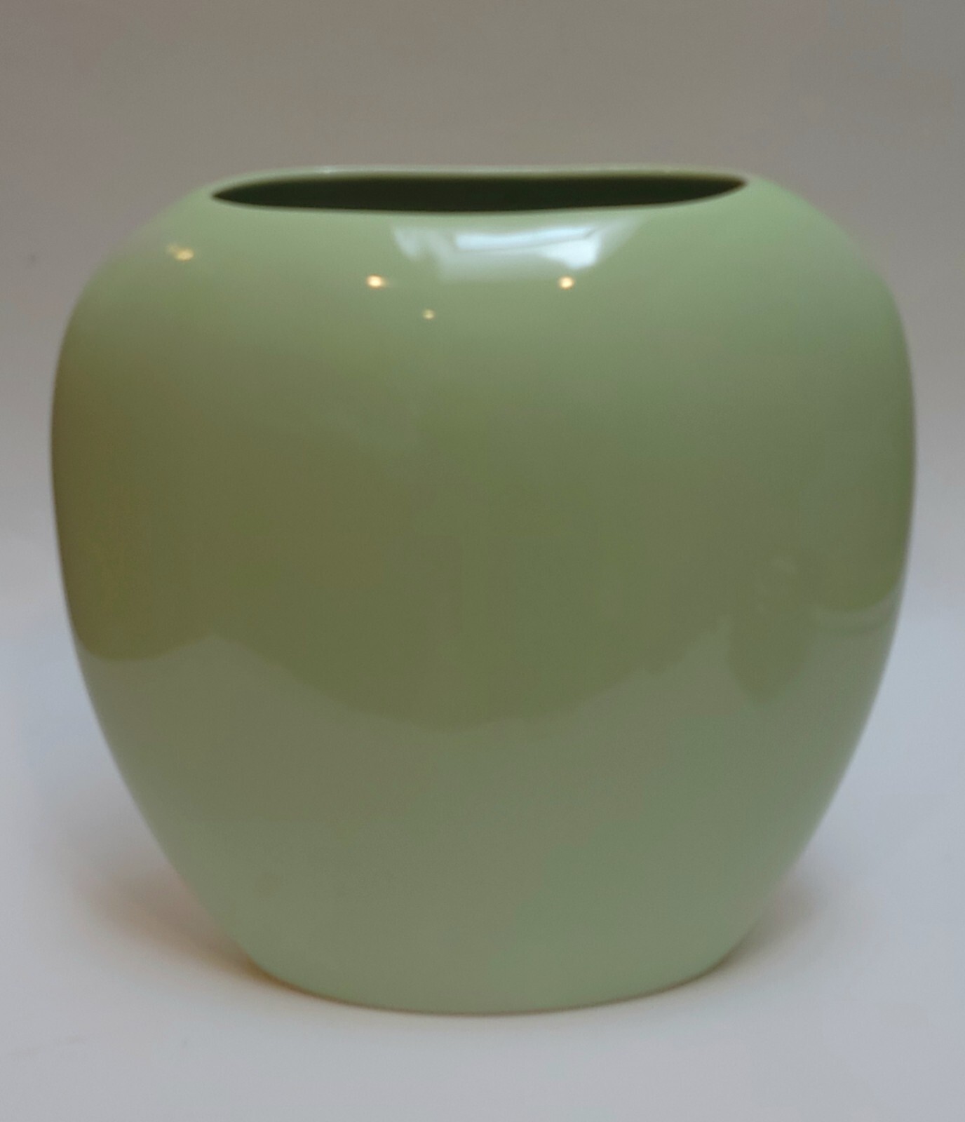 Vintage 1980s Oval Light Green Vase, Japan, 8 3/4 Inches Tall, Retro, Modern