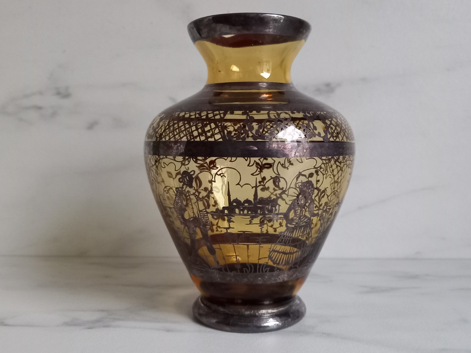 Vintage Venetian vase made of blown amber glass with silver decor. H-13cm (5″).