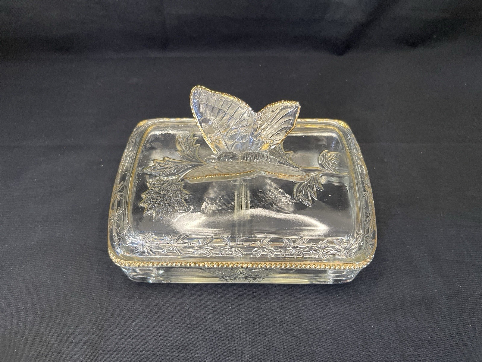 Vintage Jeannette Glass Butterfly Clear Cigarette Box Gold Trim Beaded Footed