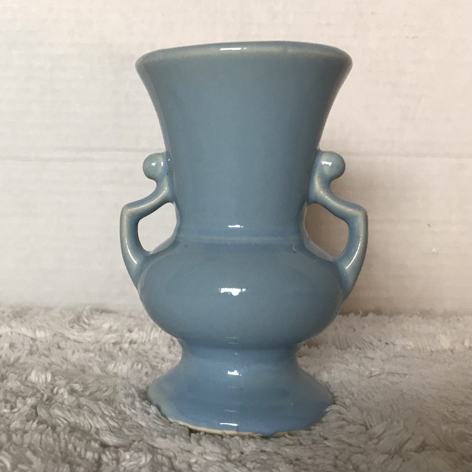 Light Blue Double Handled 5″ Tall Bud Vase Stamped USA