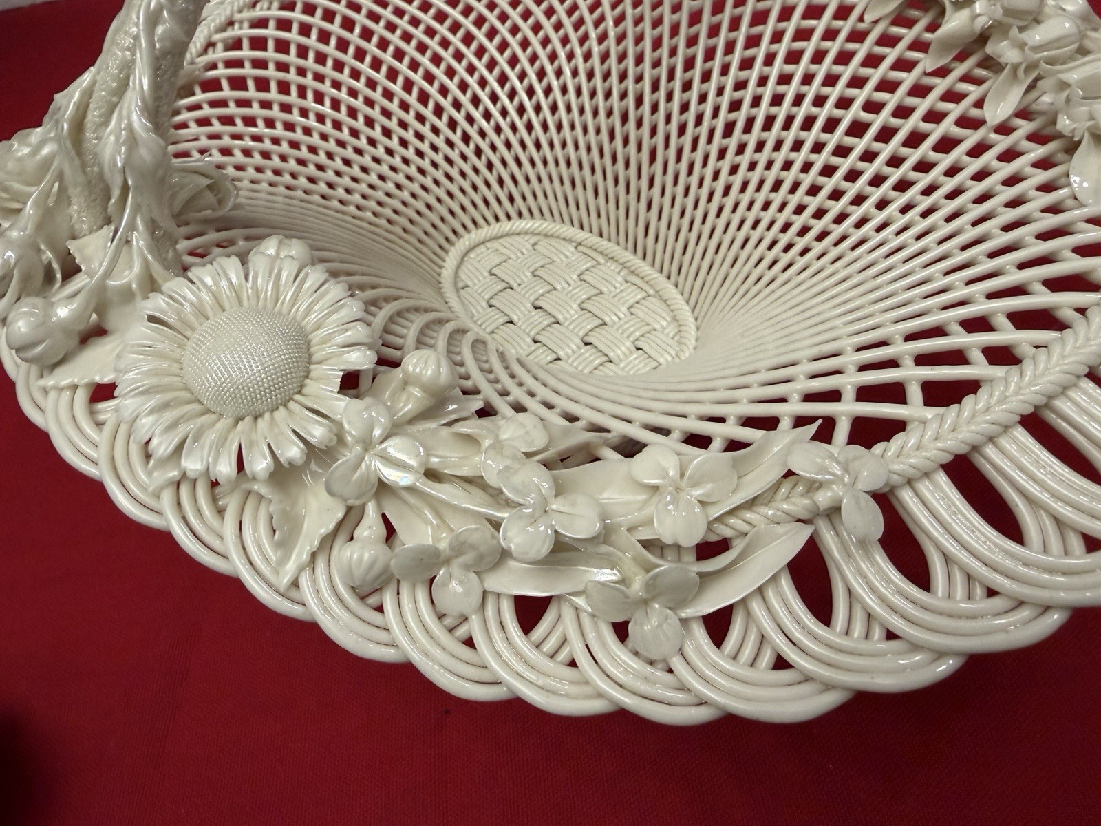 Antique Belleek Henshall 4 Strand Twig Handled Basket w/ Flowers Large Size 13”