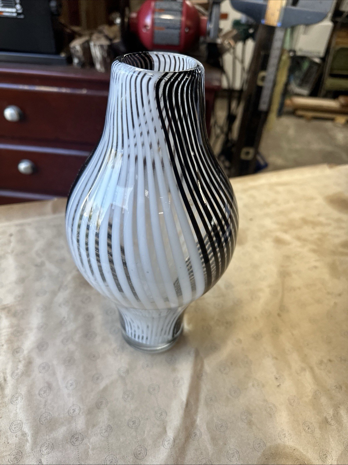 Contemporary Blown Glass Vase Black And White Swirl 11” Tall 5” Dia At Middle.