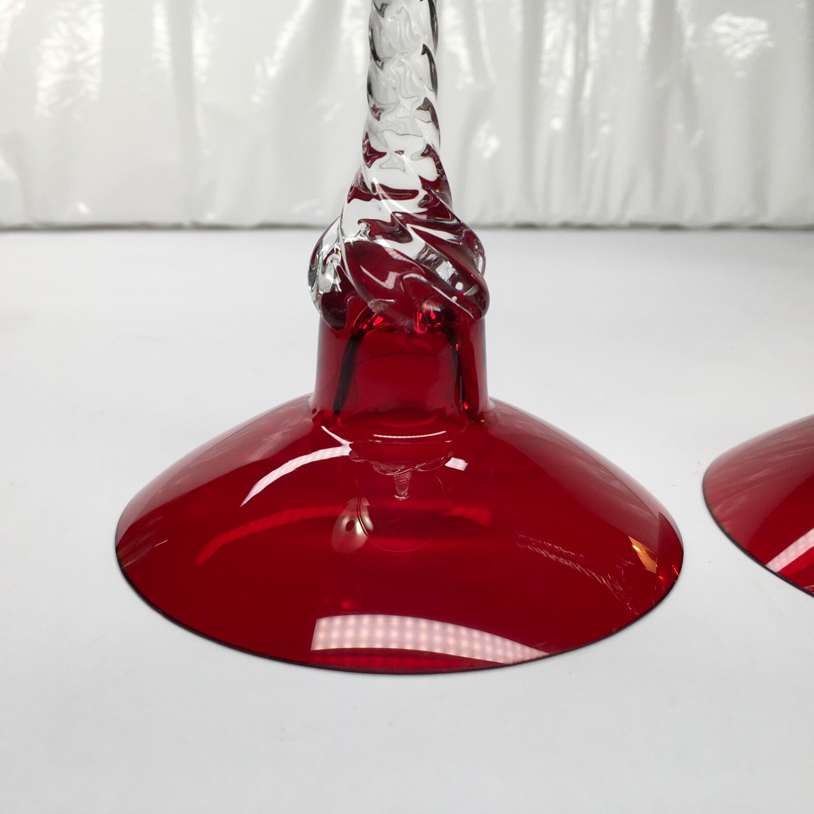 Ruby Red Empoli Type Glass Candlestick Holders 5-7/8″ Tall Nice Vintage Lot Of 2