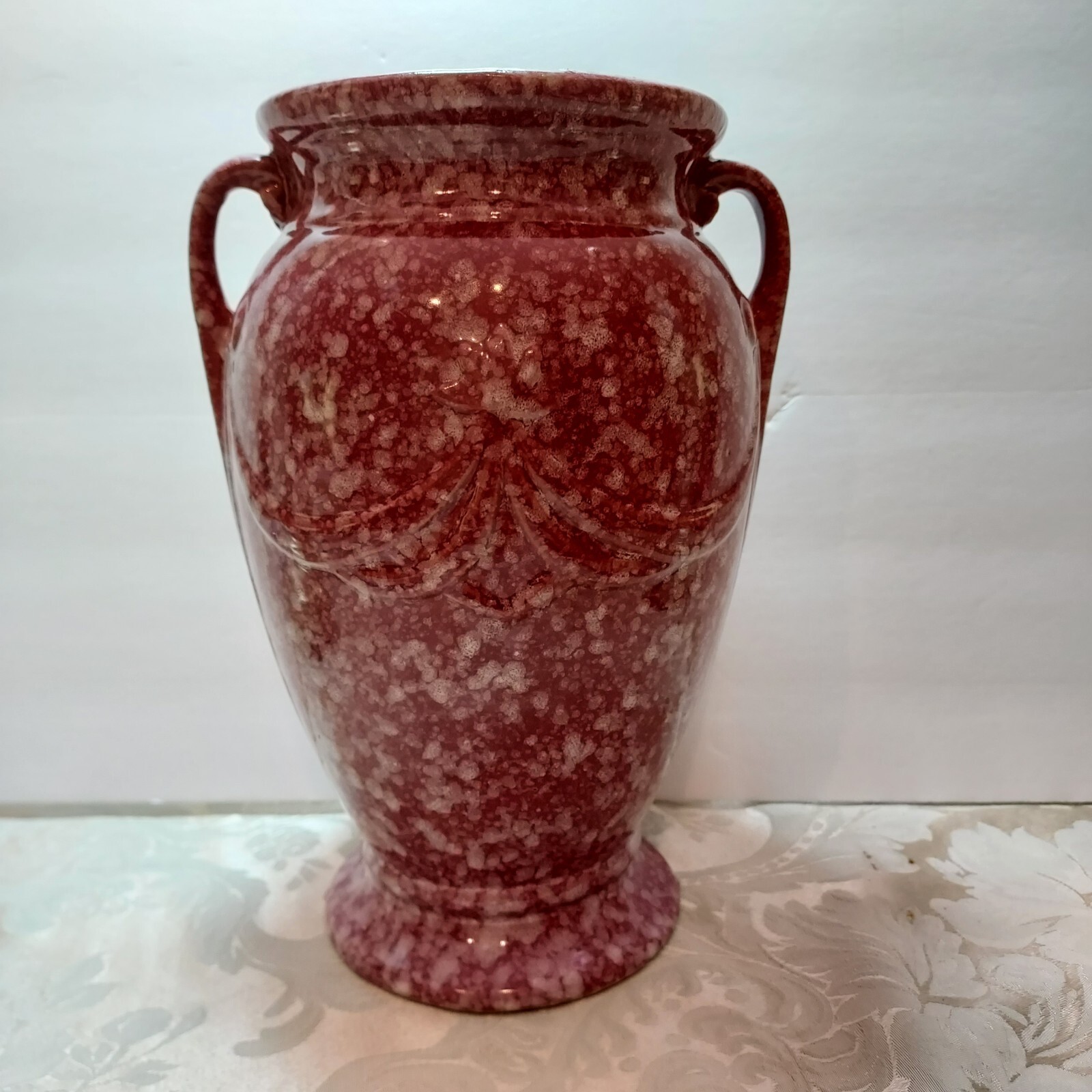 Robinson Ransbottom Spongeware Pink Marbled 2 Handled Vase READ