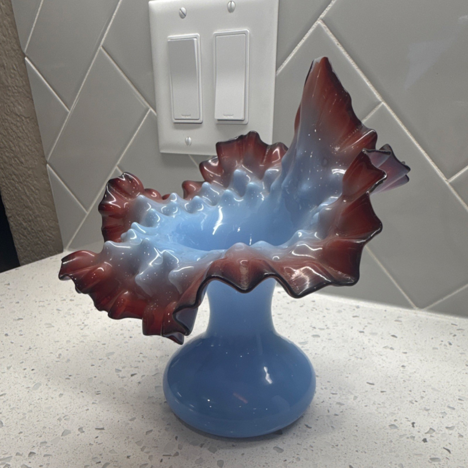 Art Glass Blue Brown White Ruffled Edge Vase Decorative Glossy