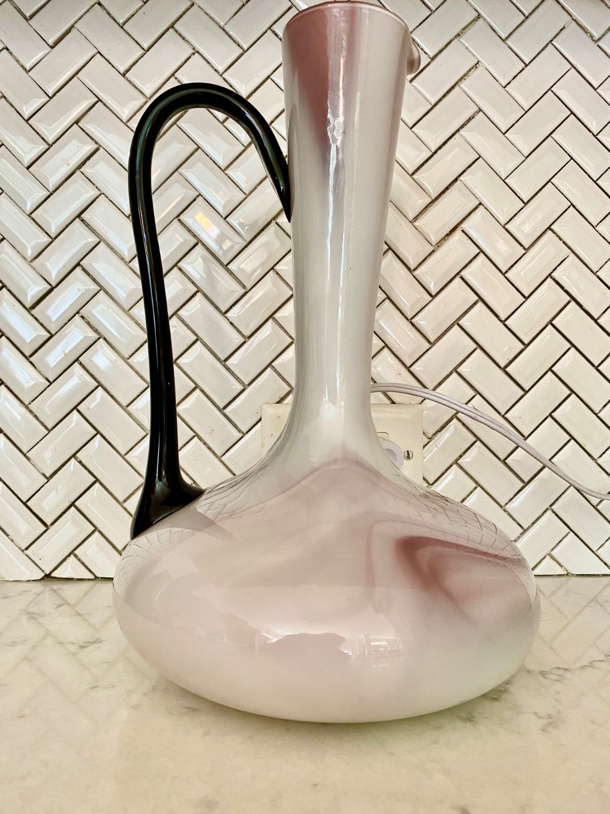 60s Art Glass Pitcher Vase Amethyst White Lavender w/ Handle Hand Blown 12.5″