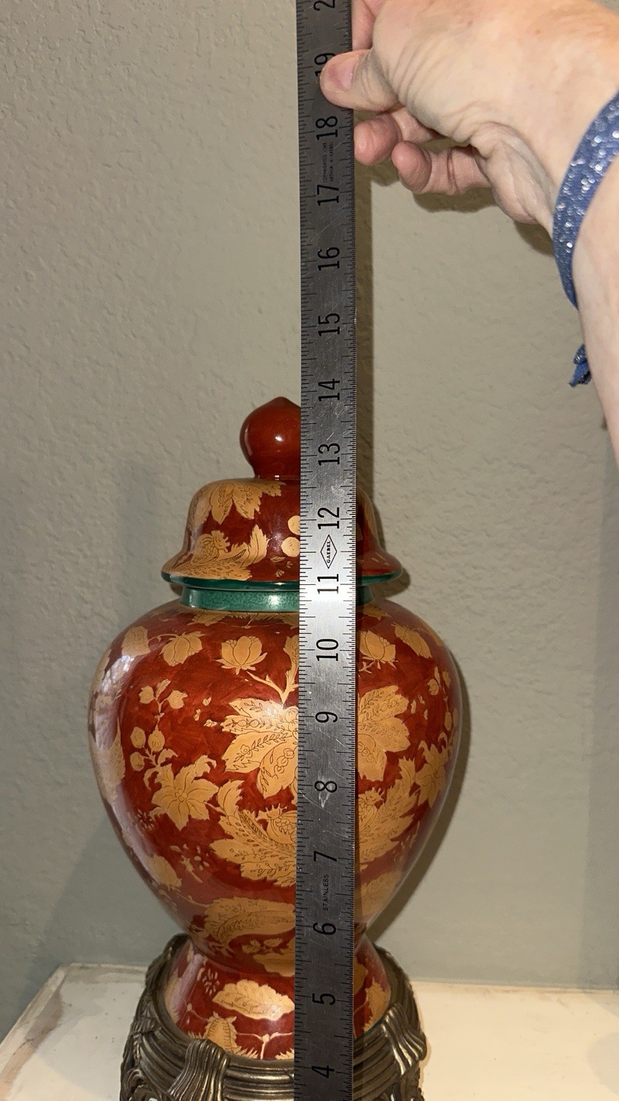 Mark Roberts Vintage Urn Ginger Jar With Lid 14” Red Gold Floral Motif Pedestal