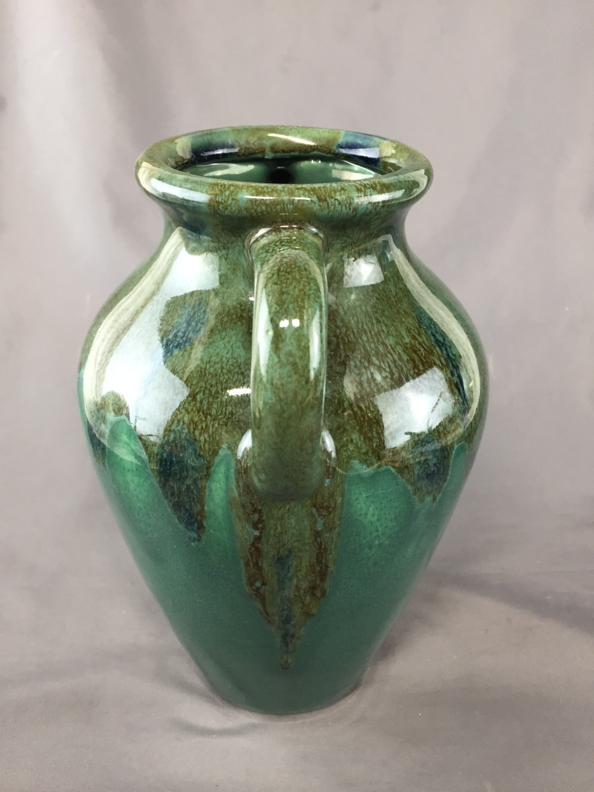 VTG Art Deco Glazed Green & Blue Drip Double Handle Stoneware 9″ Tall Vase Urn