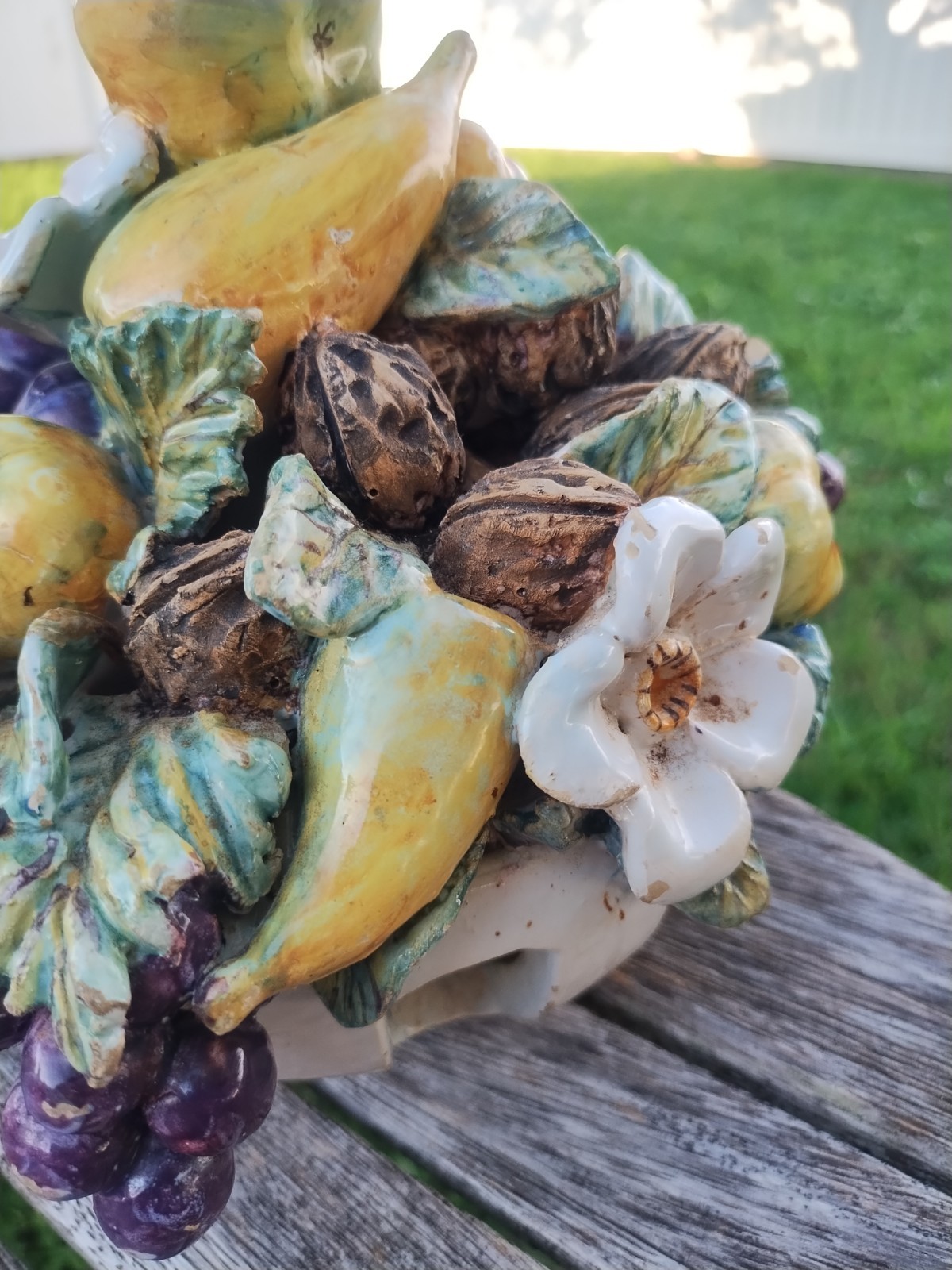 VINTAGE FRENCH BARBOTINE MAJOLICA POTTERY FRUIT AND WALNUTS BASKET CENTERPIECE