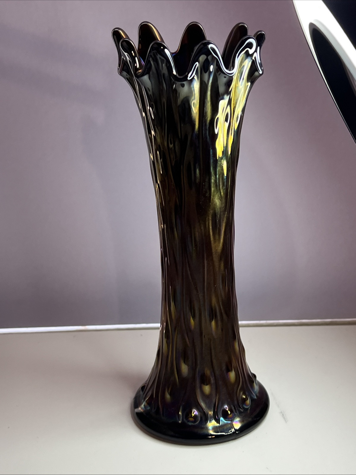 Beautiful Northwood Cobalt Amethyst Tree Trunk Iridescent Carnival Glass Vase