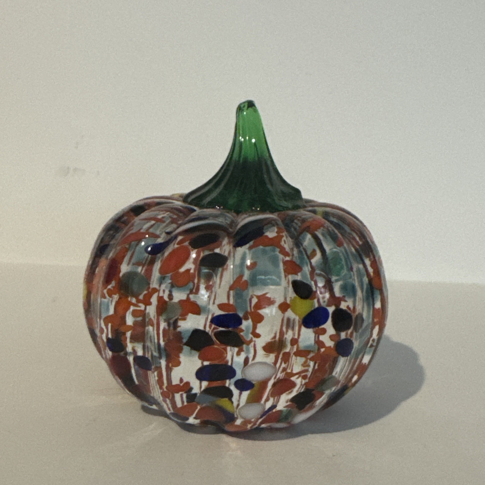 Blenko Pumpkin Paperweight Mini Multicolor Frit In Crystal Glass Applied Stem