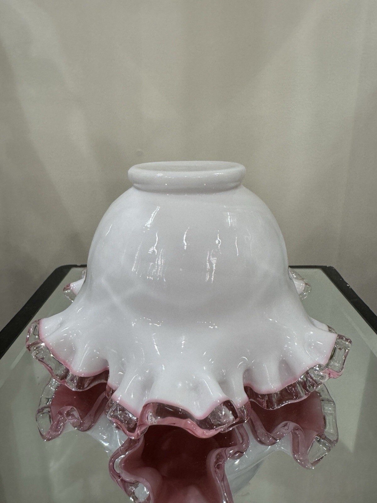 Fenton Peach Crest White & Pink Ruffled / Crimped Vase