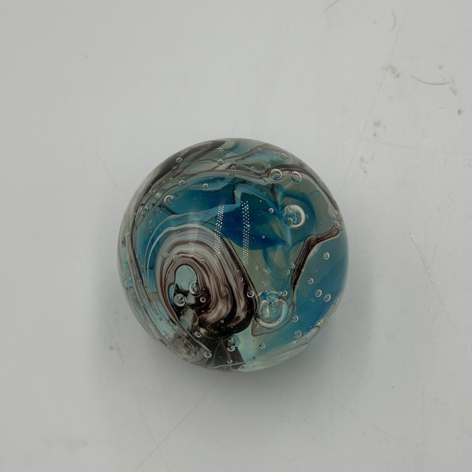 Vintage Signed Art Glass Paperweight Purple Blue Swirl Control Bubbles 2.5” UV