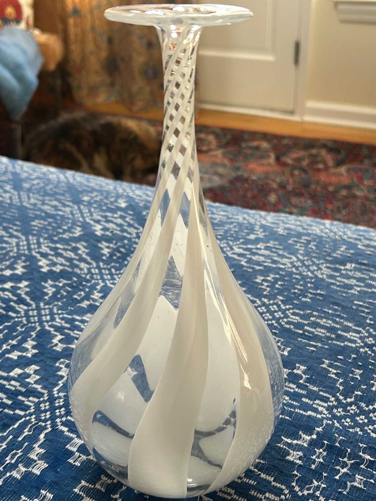 Mid century white striped art glass weed vase 10 1/4” signed artist unknown exce
