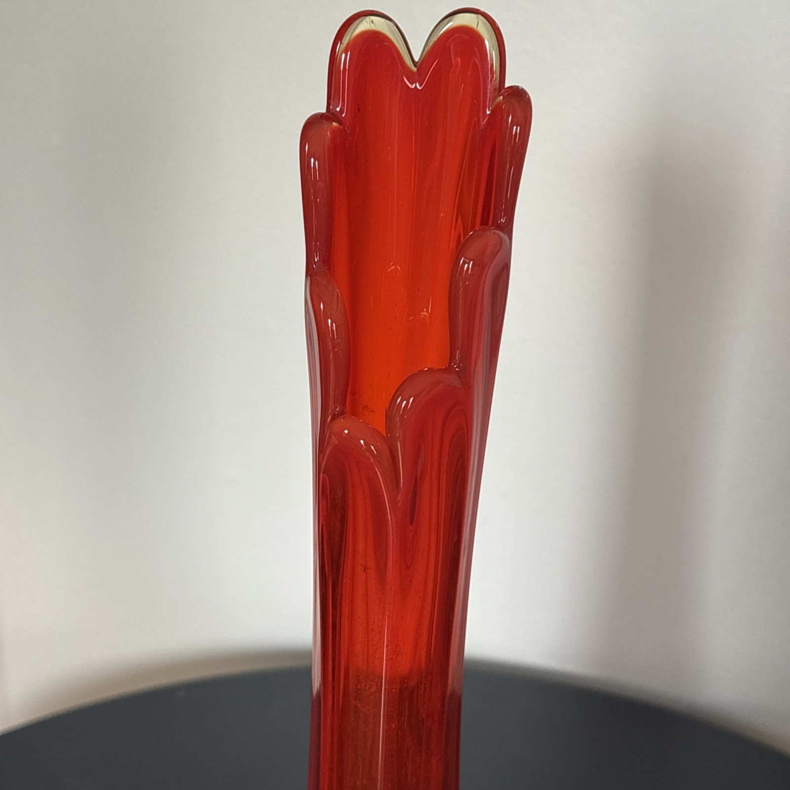 Vtg MCM LE Smith Amberina Panel Swung Glass Vase 16 inches 1960-70’s