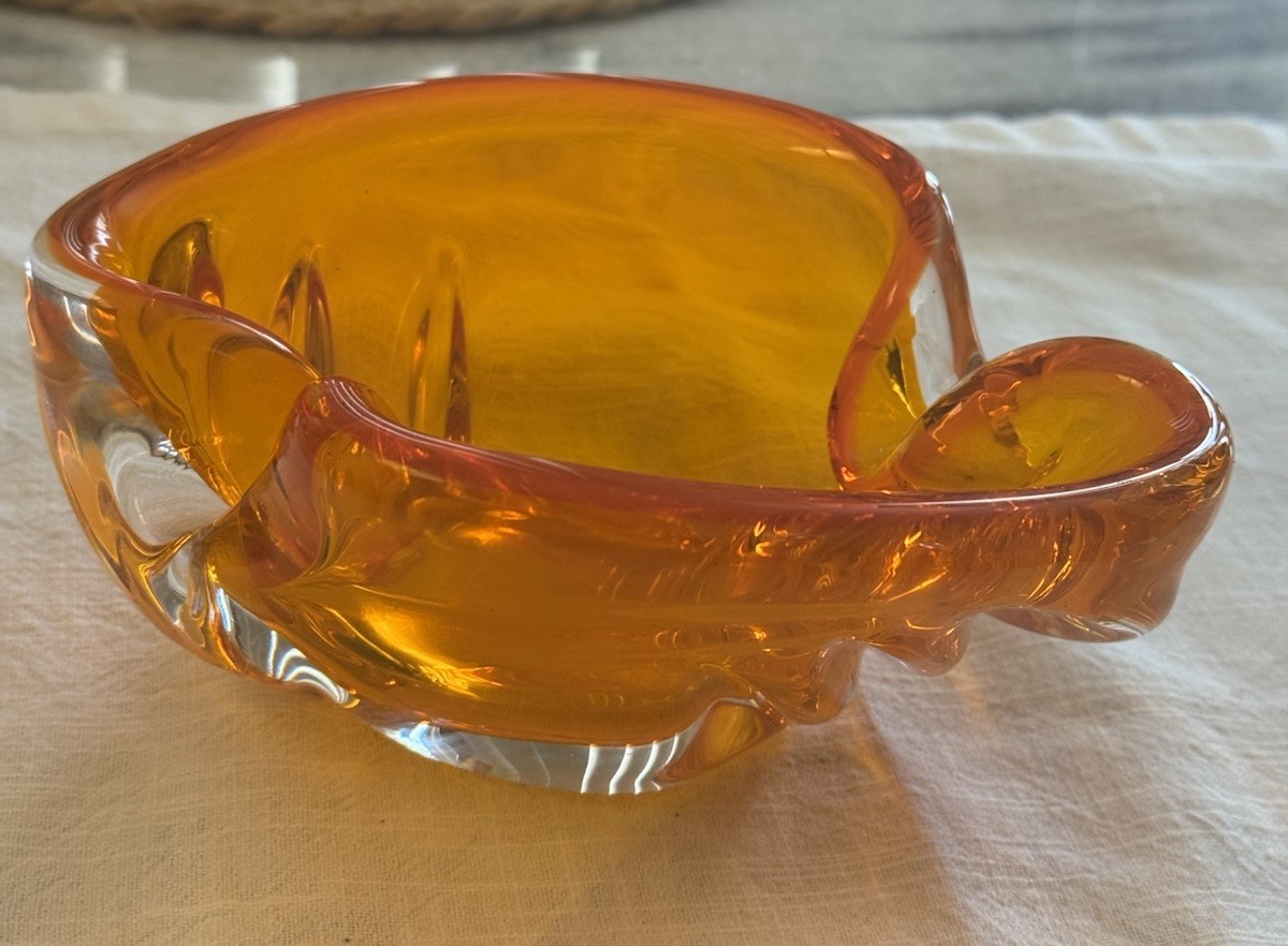 Chalet Hand Blown Art Glass Orange Ashtray Mid-Century Modern Canada