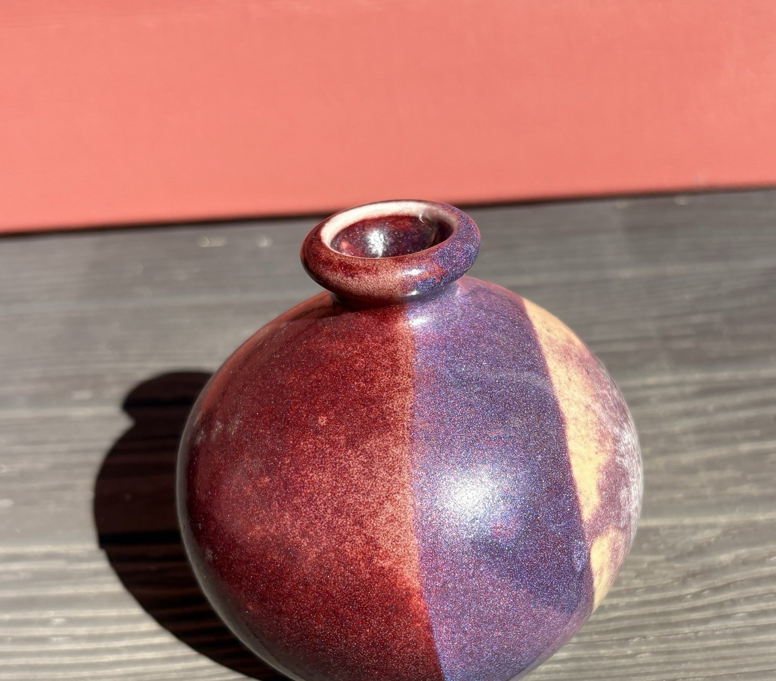 Bud Vase Artist Signed Studio Art Pottery Purple Drip Glaze Speckled Stoneware
