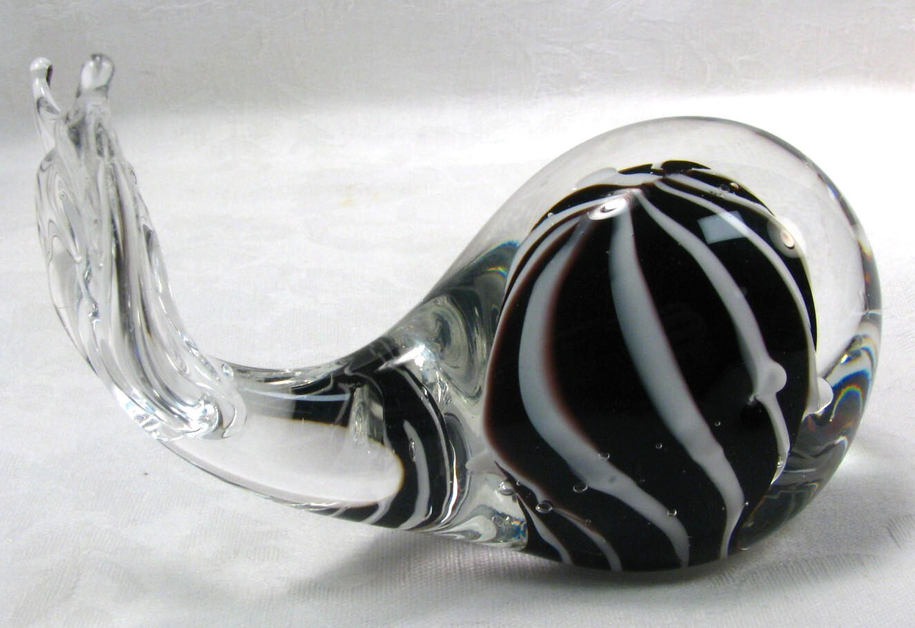 Hand Blown Art Glass Whale Figurine Clear Black White Decorative Paperweight 4″