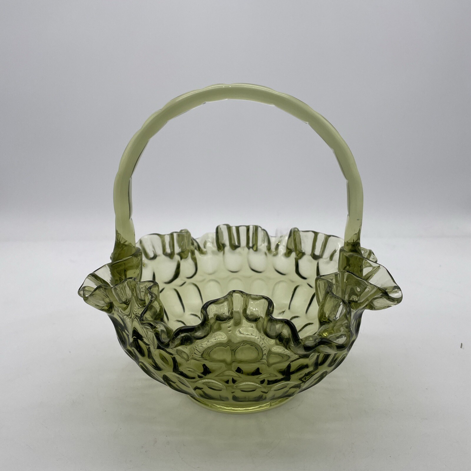 Vintage Fenton Colonial Avocado Green Glass Basket W/ Handle Ruffled Thumbprint