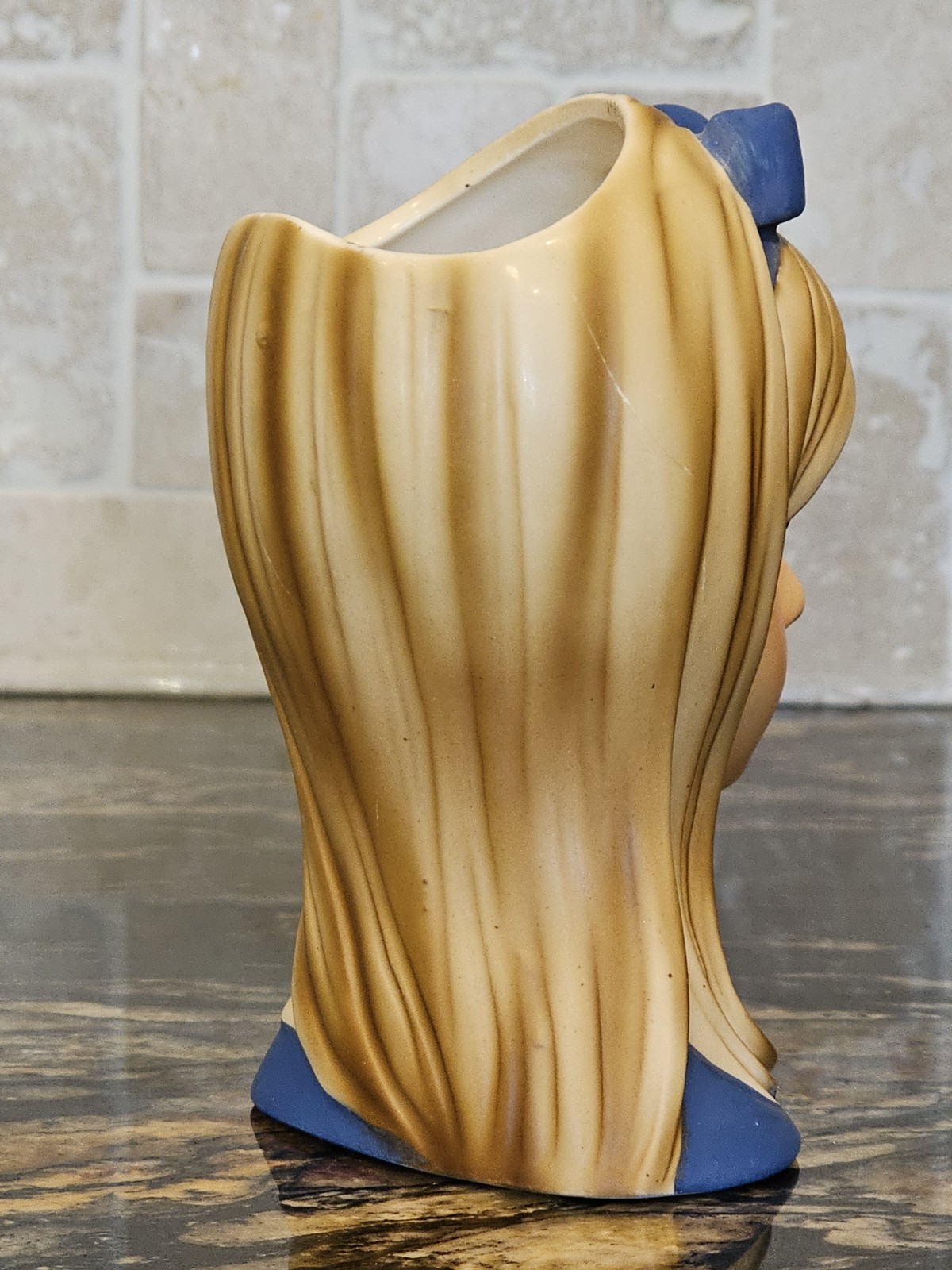 Pristine Vintage 1950s Japan Lady Head Vase Blue Bow Blonde Hair CB493 5.5 in