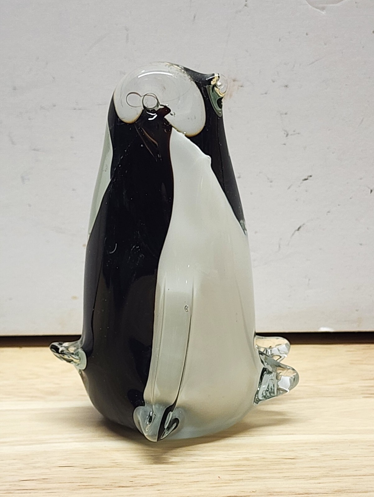 Murano Style Hand Blown Art Glass Penguin Figurine 4″ Black White Clear