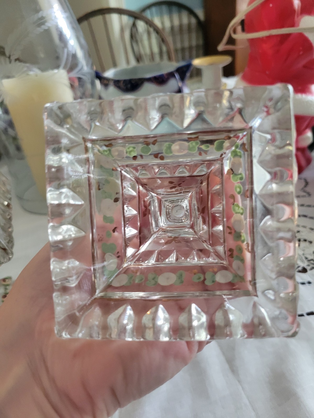 VTG Pair Jeanette Glass Pedestal Candy Dish Wedding Box Gold Trim Floral