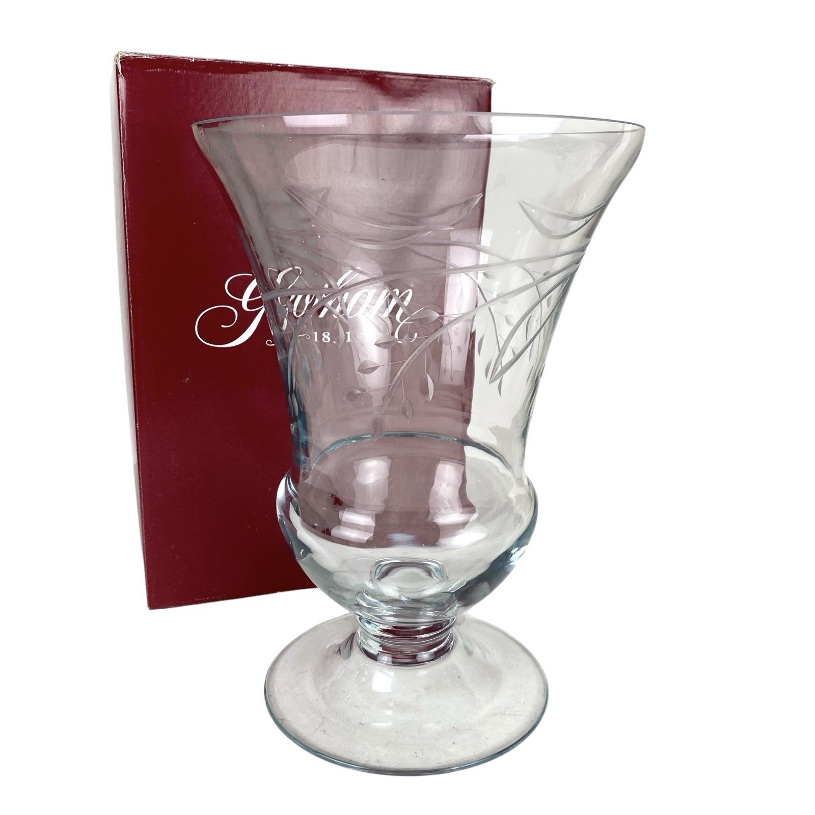 Gorham Footed Hurricane Vase Etched Floral Mist Pattern 12” Tall Wheel Cut