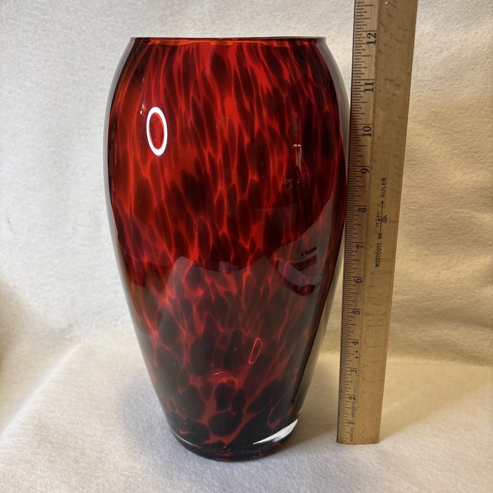 Red & Black Tiger Stripe Glass Vase 12” Tall – 4.5” Top Opening