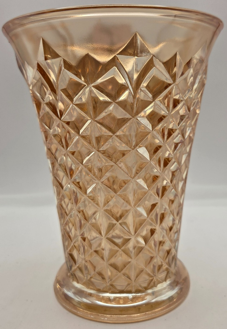 Vtg Indiana Glass Diamond Point Vase Marigold Carnival Glass Iridescent 9″ MINT