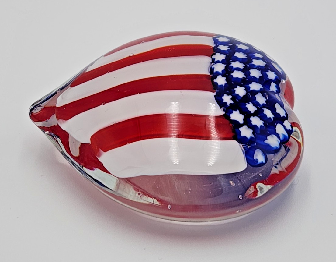 Vintage Art Glass Heart Shaped American Flag Paperweight Americana Handblown USA