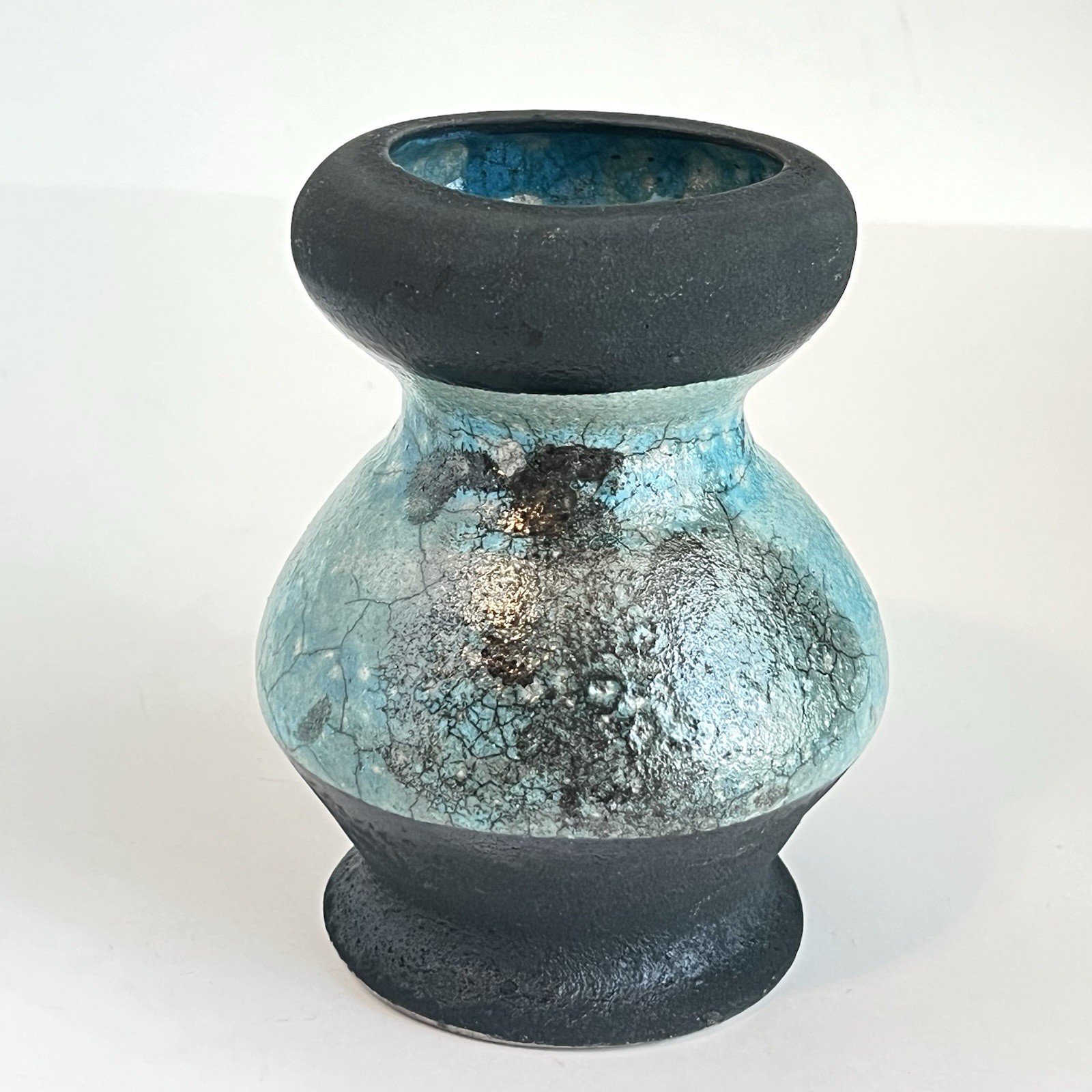 Raku Studio Art Vase Pottery Turquoise And Black Signed 6 Inches Iridescent
