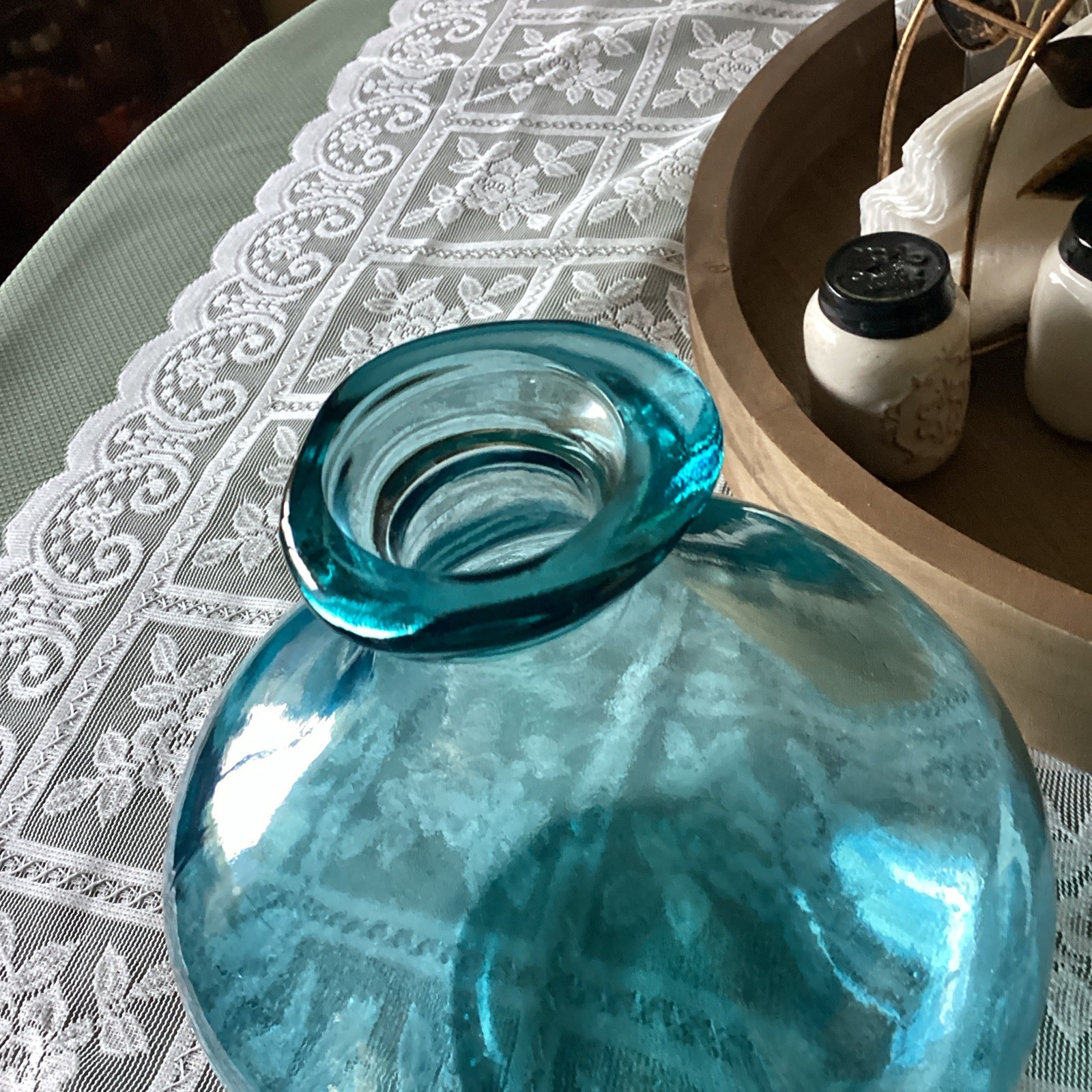 Vintage Vase Teal Blue Bubble Recycled Glass MCM Off Center Lip