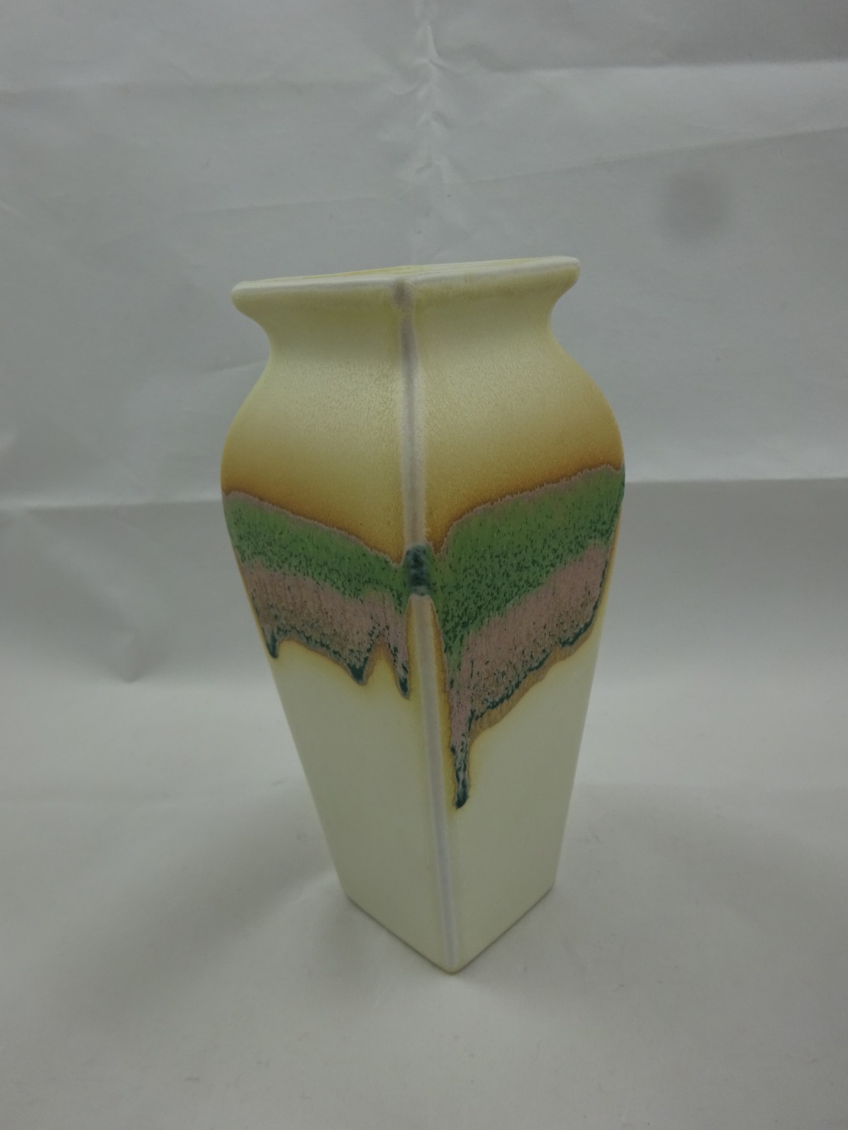 San Pacific San Francisco Drip Glaze Pottery Vase ~ 7″ Tall ~ Tan Green Pink
