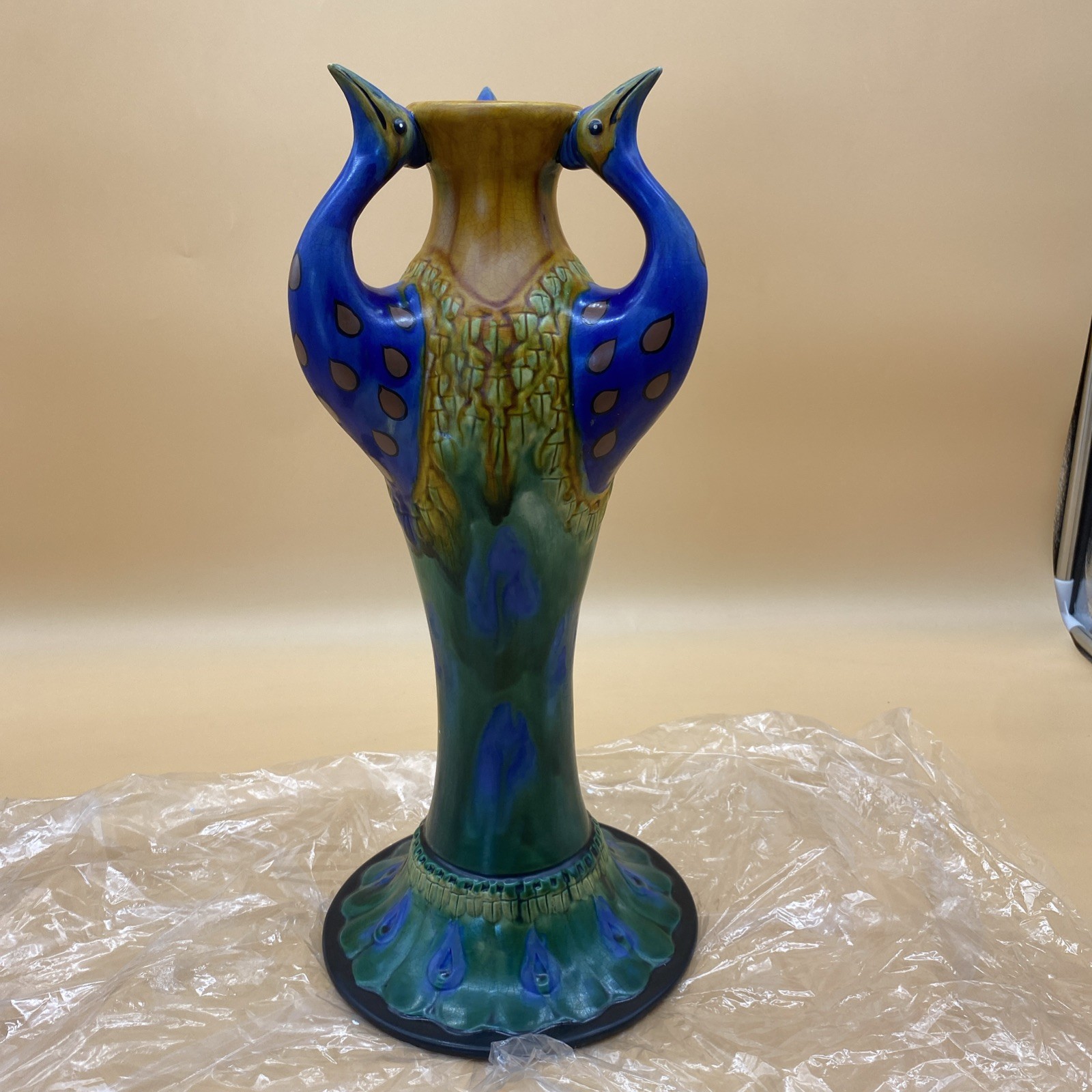 Vintage Art Nouveau Ceramic Pottery Peacock Bird Vase 16” Treasures READ!