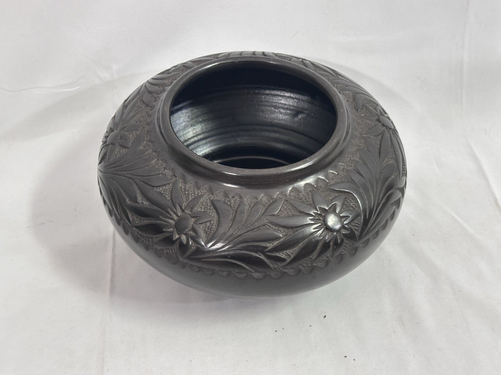 Vintage Romanian Marginea Black Pottery Bowl Hand Carved Floral Folk Art Signed