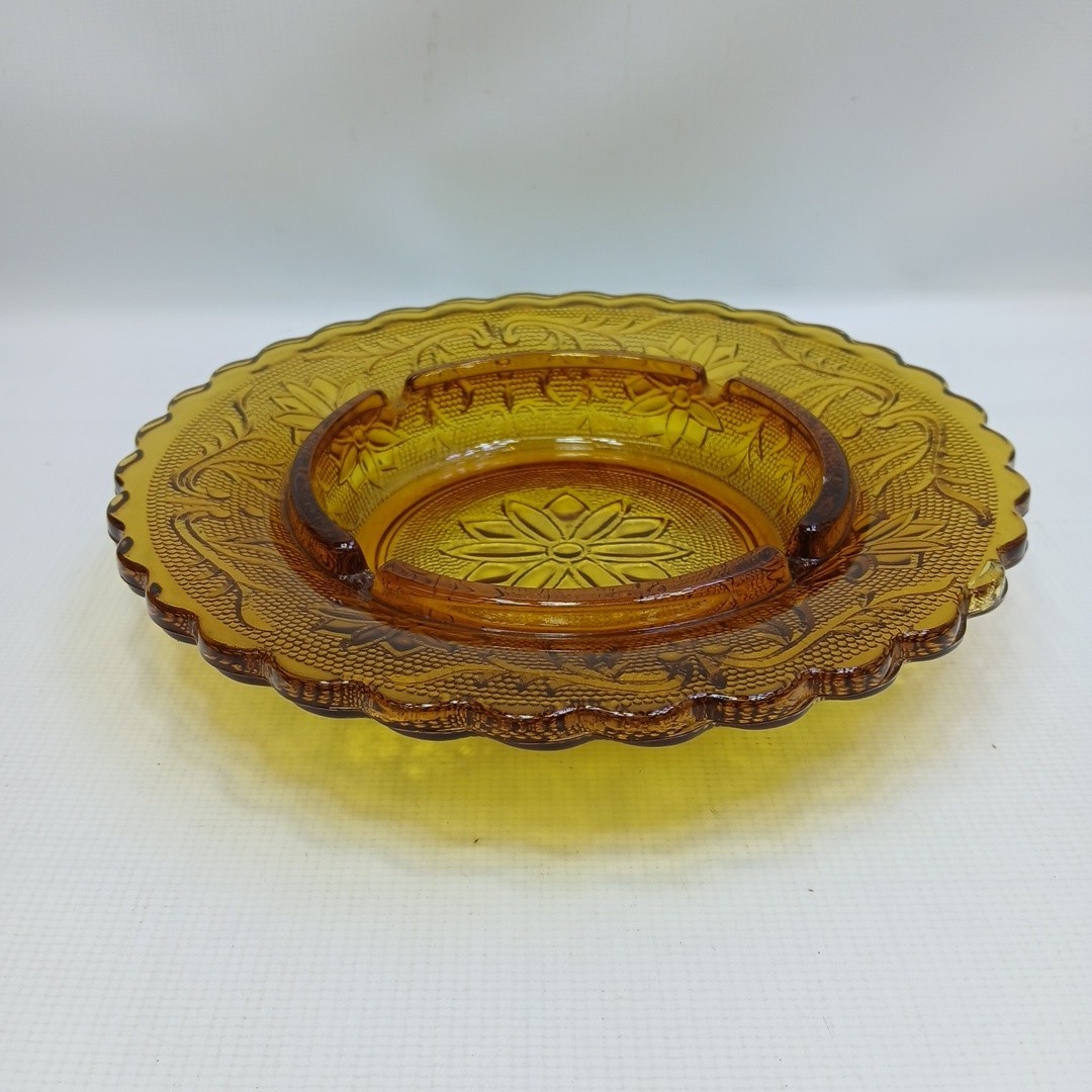 Vintage Ashtray Tiara Indiana Sandwich Glass Amber 7 1/2” Floral Accents