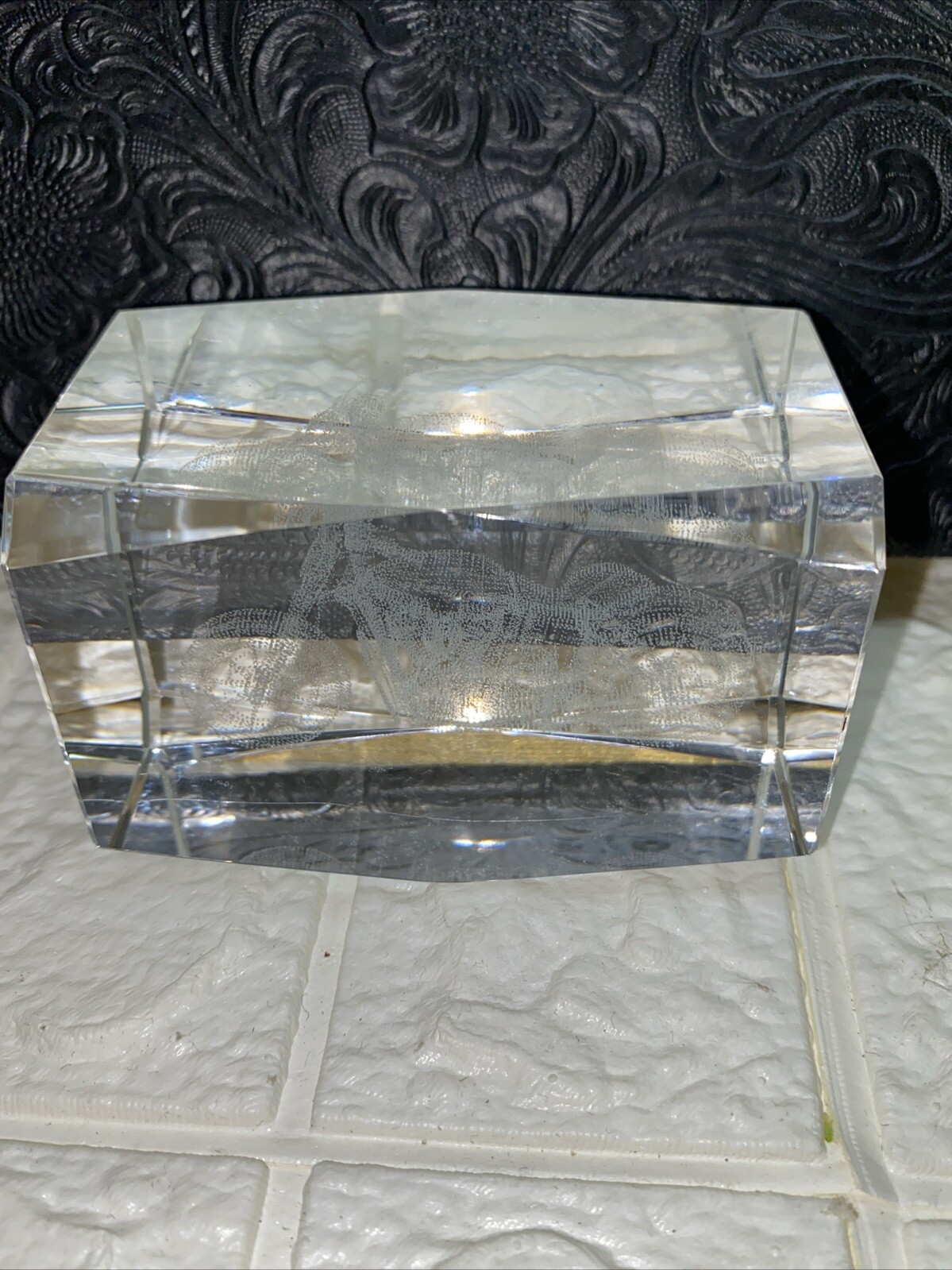 Vintage Etched Motorcycle Glass Paperweight 3 1/4” X 2” X 2” EUC
