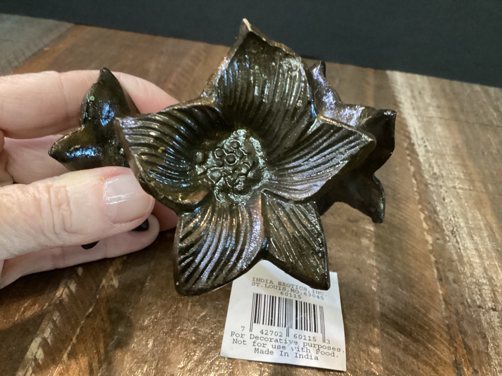 Vintage brass morning glory candle holder w/crackle glass votive