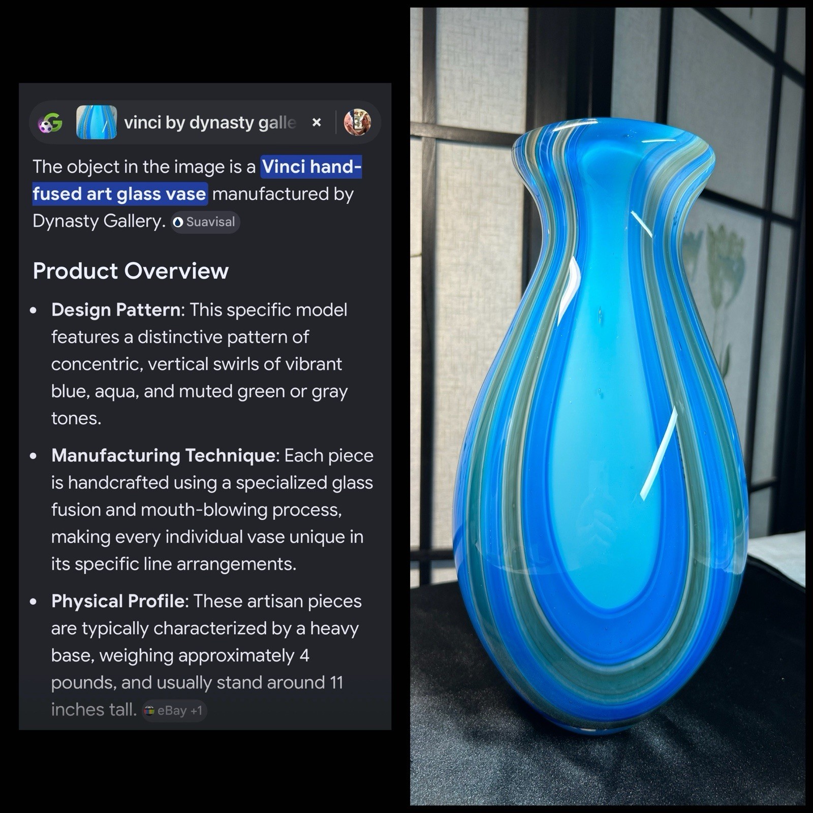 Vinci By Dynasty Gallery Hand Fused Blown Glass Vase Blue Gray Swirl 11.5 In